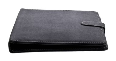 Siyah deri çanta beyaz arka plan üzerinde izole tablet için