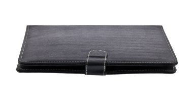 Siyah deri çanta beyaz arka plan üzerinde izole tablet için