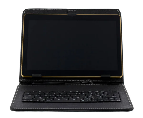Tablet na capa com teclado isolado no fundo branco fechar — Fotografia de Stock