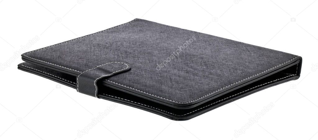 Black leather case for tablet isolated on white background