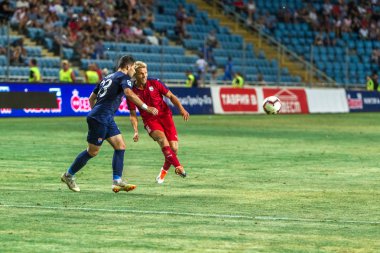 Odessa, Ukrayna - 9 Ağustos 2018: Uefa Avrupa Ligi 2018 Fc Mariupol (Ukrayna) - Fc Girondins de Bordeaux (Fransa) gergin bir futbol maçı Avrupa Ligi. Bordeaux - Fransa - kırmızı
