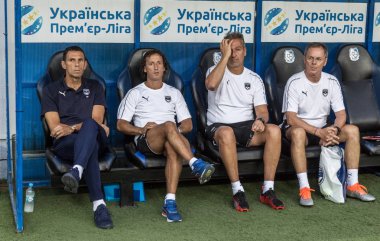 Odessa, Ukrayna - 9 Ağustos 2018: Gustavo Augusto Poyet Dominguez baş antrenör Bordeaux oyun Uefa Avrupa Ligi 2018 Fc Mariupol ' (Ukrayna) sırasında. Basın toplantısı koç Bordeaux Poyet Dominguez