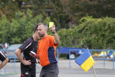 Odessa, Ukrayna - 29 Eylül 2018: Final Oyunları Şampiyonası Ukrayna'nın en güçlü takımları Rugby-7. Rugby topu alan üzerinde. Rugby topu için ağır mücadele sahip. Takım sporcular oyuncular sahada