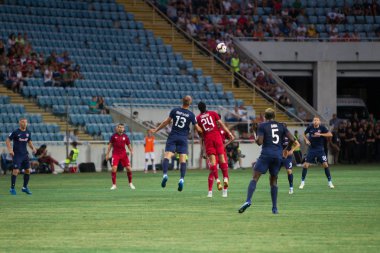 Odessa, Ukrayna - 9 Ağustos 2018: Avrupa Ligi Uefa Avrupa Ligi 2018 Fc Girondins de Bordeaux (Fransa) futbol maçı. Bordeaux - Fransa - ısınma, Fc Mariupol Ukrayna ile maçtan önce eğitim