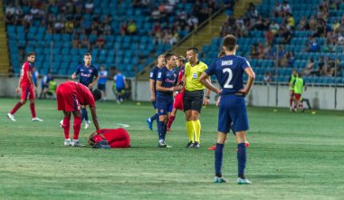 Odessa, Ukrayna - 9 Ağustos 2018: Avrupa Ligi Uefa Avrupa Ligi 2018 Fc Girondins de Bordeaux (Fransa) futbol maçı. Bordeaux - Fransa - ısınma, Fc Mariupol Ukrayna ile maçtan önce eğitim