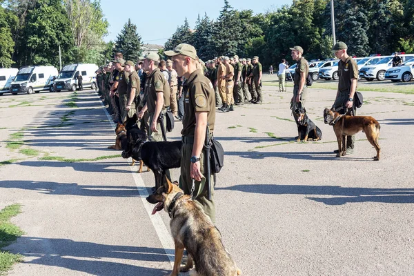 オデッサ ウクライナ 2018 訓練を受けた警察犬警察の特別な警察 軍用車両の警察犬のためモバイル鳥小屋 急速な反応警察対テロ部隊の特殊部隊 — ストック写真