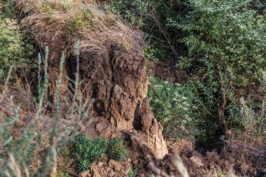 Sesmically tehlikeli bölgede dağ heyelan felaketi. Toprak, toprak engelleme yolun büyük katmanları kökenli büyük çatlaklar. İnsanlara heyelan pistlerinin dağın damming, ölümcül bir tehlike