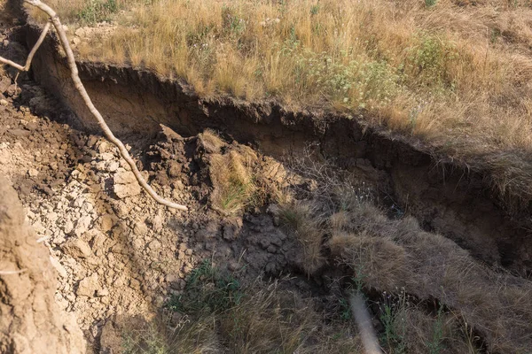 Mountain Landslide Disaster Sesmically Dangerous Area Large Cracks Earth Descent — Stock Photo, Image