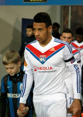 Odessa, Ukrayna - 20 Şubat: oyun sırasında Avrupa Ligi futbol anını Chernomorets Odessa Ukrayna ve Olympique Lionnais Fransa karşı maç. Takım Olympique Lionnais, Capp Mamadou Nabi - Defender, 20 Şubat 2014 yılında Odessa