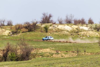 Odessa, Ukrayna - 17 Nisan 2016: Üzerinde bir mini ralli Kupası Limanov Severin güneşli bir gün pitoresk bozkır alanı'nda Ukrayna Şampiyonası