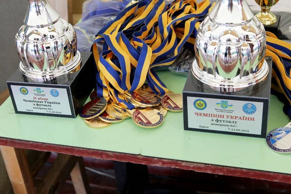 敖德萨 乌克兰 2016年9月 乌克兰杯室内足球退伍军人 体育奖牌得主 运动队的退伍军人 胜利的喜悦 — 图库照片