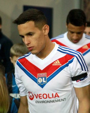 Odessa, Ukrayna - 20 Şubat: oyun sırasında Avrupa Ligi futbol anını Chernomorets Odessa Ukrayna ve Olympique Lionnais Fransa karşı maç. Takım Olympique Lionnais, Zeffan Mehdi - Defender, 20 Şubat 2014 yılında Odessa