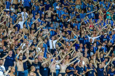 Odessa, Ukrayna - 3 Ağustos 2018: duygusal futbol taraftarları destek ekibi stadyumunda futbol kulübü Djurgardens Eğer İsveç oyun Uefa Avrupa Ligi oyun sırasında. Kalabalık futbol taraftarları Stadyumu futbol