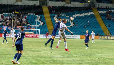 Odessa, Ukrayna - 3 Ağustos 2018: duygusal futbol taraftarları destek ekibi stadyumunda futbol kulübü Djurgardens Eğer İsveç oyun Uefa Avrupa Ligi oyun sırasında. Kalabalık futbol taraftarları Stadyumu futbol