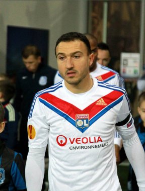 Odessa, Ukrayna - 20 Şubat: oyun sırasında Avrupa Ligi futbol anını Chernomorets Odessa Ukrayna ve Olympique Lionnais Fransa karşı maç. ATI Malbranque - kanat oyuncusu, 20 Şubat 2014 yılında Odessa 