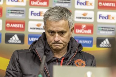 Odessa, Ukrayna - 7 Aralık 2016: baş antrenör, Manchester United Fc Yöneticisi Jose Mourinho oyun Uefa Europea Ligi Fc Zarya Lugansk karşı önce basın toplantısında. basın toplantısı Jose Mourinho        