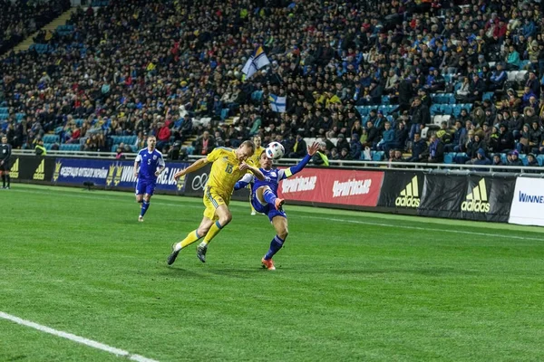 敖德萨 乌克兰 2016年3月 乌克兰国家足球队 和塞浦路斯国家队 之间的友好游戏 激烈足球比赛的时刻 — 图库照片