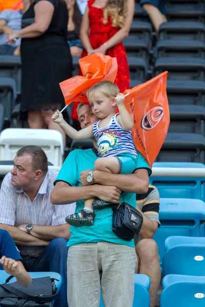 Odessa Ukraine August 2015 Football Fans Spectators Stands Stadium Emotionally — Stock Photo, Image