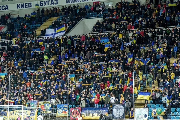 Odessa Ukraine March 2016 Football Fans Spectators Stands Stadium Emotionally — Stock Photo, Image