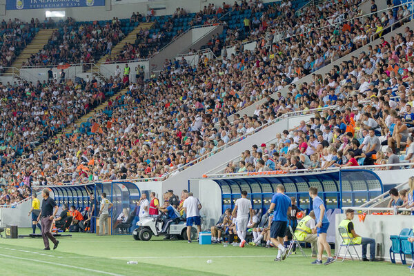 ODESSA, UKRAINE - 14 August, 2015: Football fans and spectators in the stands of the stadium emotionally support their team during the game of FC Shakhtar (Donetsk) - Dnipro (Dnipropetrovsk). Major League. Ukrainian Cup