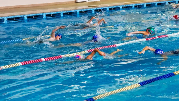敖德萨 乌克兰 Cirka 2016 运动员 游泳者在运动泳池的轨道上游泳 运动游泳在游泳池 夏季奥林匹克运动 健康生活方式 儿童运动 — 图库照片