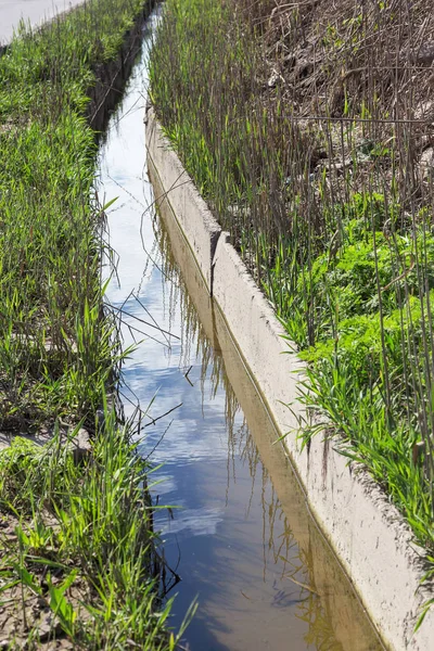 小河流污水和家庭垃圾 灌溉渠道导致藻类的快速生长 水污染 生态问题 塑料问题 使用水是危险的 它是禁止的 — 图库照片
