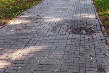 Çukurlar, kışın donma-çözülme çevrimleri neden olan bozuk asfalt yol. Kötü yol. Kaldırımlar kaldırımlar kaldırımda kırık. kaldırım döşeme ile kusurları ile tabaka ve perspektif içinde gelen çatlaklar