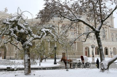 Odessa, Ukrayna - 29 Aralık 2014: Doğal felaketler, kar fırtınası şiddetli kar yağışı ile şehir felç oldu. Kolaps. Kar kaplı siklon Avrupa, 29 Aralık 2014 Odessa, Ukrayna.