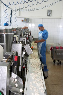 Odessa, Ukrayna - 7 Temmuz 2007: Fabrika gıda doğal malzemelerle üretim için. Kolaylık yiyecek. Köfte, üretimini krep. Dolum hazırlanması. Hareket bulanıklığı.