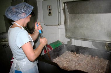 Odessa, Ukrayna - 7 Temmuz 2007: Fabrika gıda doğal malzemelerle üretim için. Kolaylık yiyecek. Köfte, üretimini krep. Dolum hazırlanması. Hareket bulanıklığı.