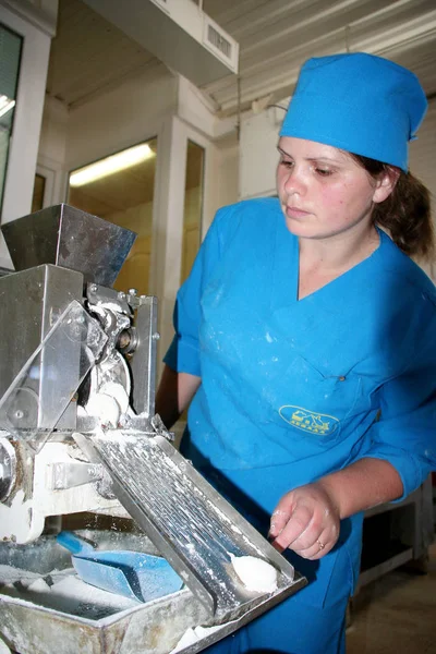 オデッサ ウクライナ 2007 天然成分で食品の生産のための工場 食品の利便性 餃子の生産をパンケーキします 食材を焼く — ストック写真