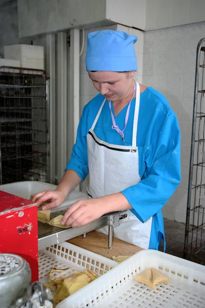 オデッサ ウクライナ 2007 天然成分で食品の生産のための工場 食品の利便性 餃子の生産をパンケーキします 食材を焼く — ストック写真