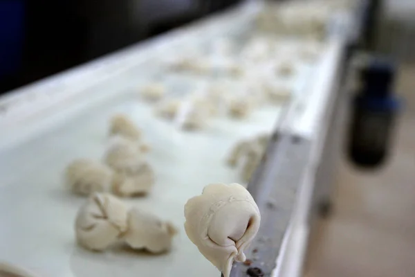 Odessa, Ukraine - July 7, 2007: The factory for the production of food from natural Ingredients. Food Convenience food. Production of dumplings, pancakes. Preparation of filling. Motion Blur.