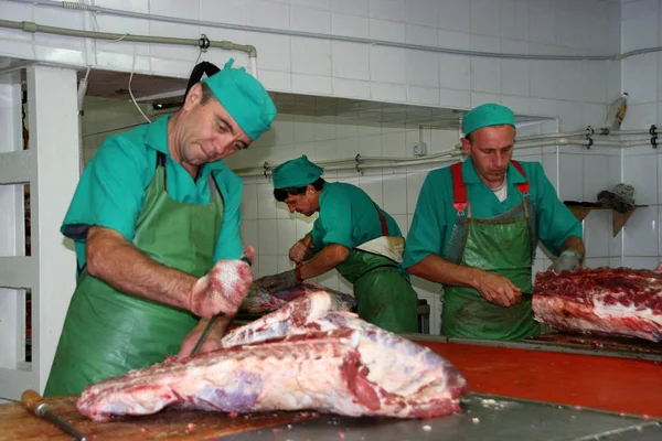 乌克兰敖德萨 2007年7月7日 生产天然配料食品的工厂 食物方便食品 煎饼的生产 屠宰牛肉 运动模糊 — 图库照片
