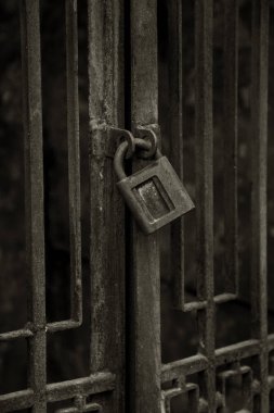 Kavramsal bir eski vintage paslı kapalı kilit paslı geçit üzerinde fotoğrafını ızgara. Antika Antika paslı asma kilit bir arka plan üzerinde. Antika paslı asma kilit kilit kapalı. Büyük eski kilit bu kapıyı kapatır