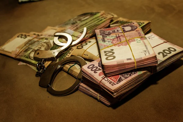 Many Ukrainian Money Hryvnia Handcuffs Money Corruption Ukraine Fight Corruption — Stock Photo, Image