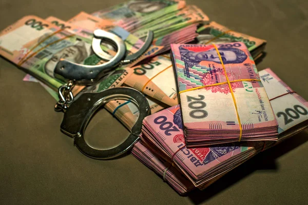 Many Ukrainian Money Hryvnia Handcuffs Money Corruption Ukraine Fight Corruption — Stock Photo, Image