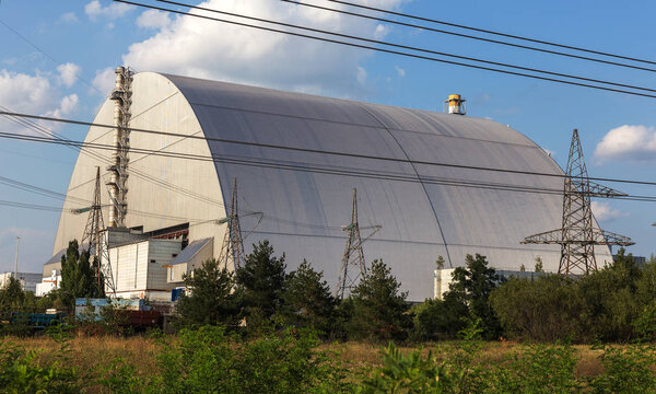  Reactor 4 at the Chernobyl nuclear power plant with a new confinement. Global atomic disaster. Chernobyl Exclusion Zone