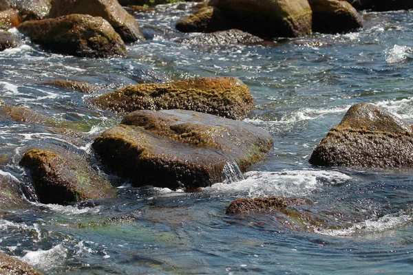 Hermosas Olas Marinas Rompen Las Rocas Costa Rocosa Vista Brillante —  Fotos de Stock