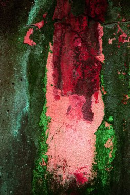 Alçı tuğla duvarın boş eski sanat dokusu. Yaprak dokusuyla boyanmış taş tuğla duvarın çatlaklarıyla kötü çizilmiş yüzey. Hasarlı alçıyla binanın ön cephesini ovaladım.