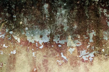 Alçı tuğla duvarın boş eski sanat dokusu. Yaprak dokusuyla boyanmış taş tuğla duvarın çatlaklarıyla kötü çizilmiş yüzey. Hasarlı alçıyla binanın ön cephesini ovaladım.