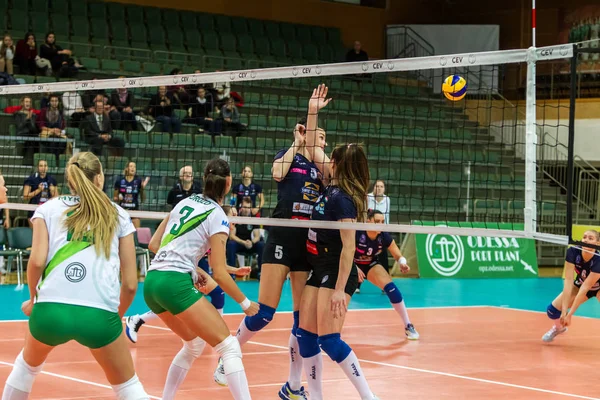 Odessa, Ukrayna 27 Kasım 2018: 2019 CEV Voleybol CUP - Kadınlar 16. Finali Khimik YUZHNY (UKR) - yeşil Swietelsky BEKESCSABA (HUN) - mavi. Resmi Avrupa Voleybol Turnuvası Balosu