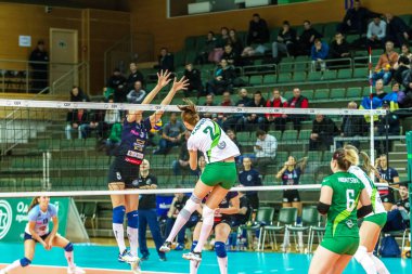 Odessa, Ukrayna 27 Kasım 2018: 2019 CEV Voleybol CUP - Kadınlar 16. Finali Khimik YUZHNY (UKR) - yeşil Swietelsky BEKESCSABA (HUN) - mavi. Resmi Avrupa Voleybol Turnuvası Balosu