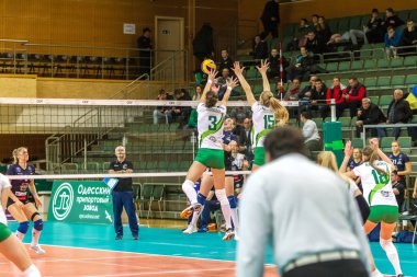 Odessa, Ukrayna 27 Kasım 2018: 2019 CEV Voleybol CUP - Kadınlar 16. Finali Khimik YUZHNY (UKR) - yeşil Swietelsky BEKESCSABA (HUN) - mavi. Resmi Avrupa Voleybol Turnuvası Balosu