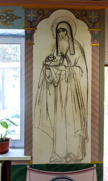 圣康斯坦丁和海伦修道院的内部 以实玛利宗教题材在美丽的涂鸦 教堂绘画内墙的图形素描 — 图库照片