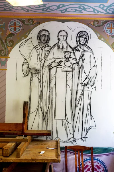 圣康斯坦丁和海伦修道院的内部 以实玛利宗教题材在美丽的涂鸦 教堂绘画内墙的图形素描 — 图库照片