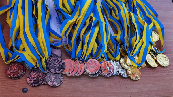Odessa Ukraine September 2016 Lots Shiny Gold Silver Bronze Medals — Stock Photo, Image
