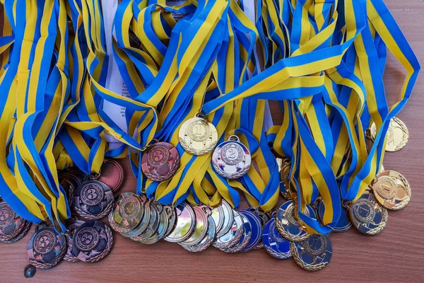 Odessa Ukraine September 2016 Lots Shiny Gold Silver Bronze Medals — Stock Photo, Image