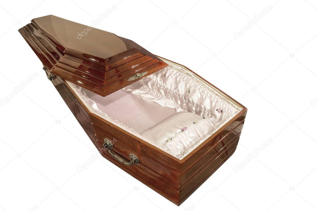 Wooden coffin. Outdoor wood coffin lay in the body. Ritual objects for burial. Conduct of the deceased on his last journey. Surrender body dust of the earth. Christian funeral ritual