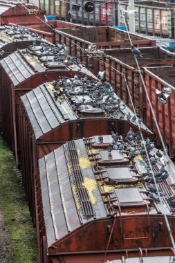Odessa, Ukrayna - 12 Ekim 2016: Şube istasyondaki bir yük treni. Demiryolu taşımacılığı. Yük. Demiryolu Silo tahıl ve Mısır ile. Bir sürü aç güvercinlerin silo tahıl kapaklı